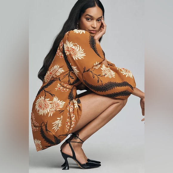 RHODE Cinnamon Brown Floral Mini Dress with Cream & Black Accents - Picture 6 of 10